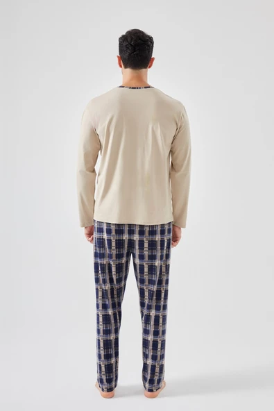 Erkek Pamuklu Uzun Kollu Ekose Desenli Cepli Pijama Takımı - Resim 3