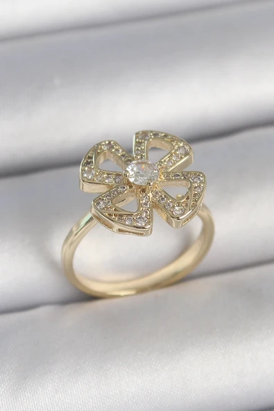 pilelistore Pirinç Gold Renk Zirkon Taşlı Yonca Model Ayarlanabilir Kadın Yüzük - TJ-BYK3719