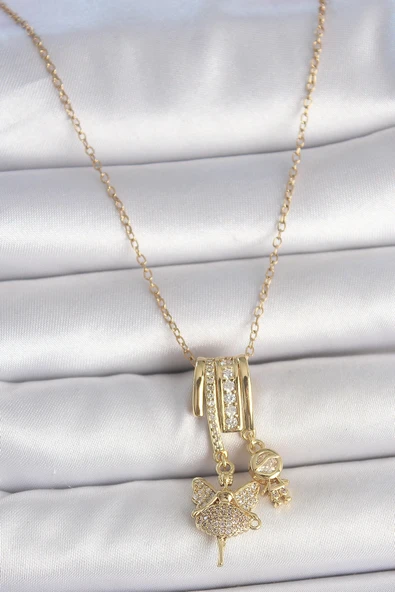 pilelistore 316L Çelik Gold Renk Zirkon Taşlı Sallantı Melek Figür Charm Kadın Kolye - TJ-BKO10099