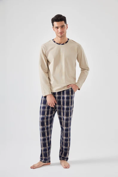 Erkek Pamuklu Uzun Kollu Ekose Desenli Cepli Pijama Takımı - Resim 5