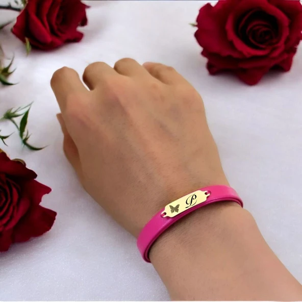 14 Ayar Altın Plakalı Harfe Özel Kelebek Motifli Doğal Pembe Derili Hediye Bileklik-651 - Resim 2