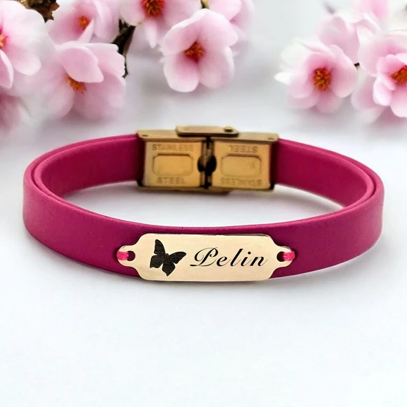 14 Ayar Altın Plakalı İsme Özel Doğal Pembe Derili Kelebek Motifli Hediye Bileklik-651 ürün görseli