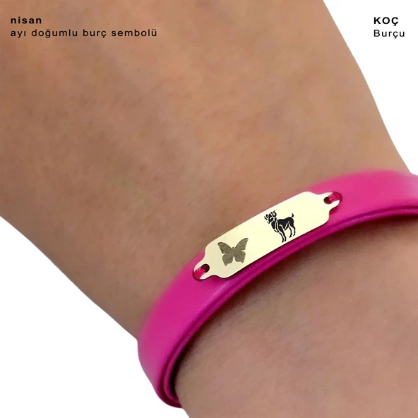 14 Ayar Altın Plakalı Burca Özel Kelebek Motifli Doğal Pembe Derili Hediye Bileklik-651 - Resim 3