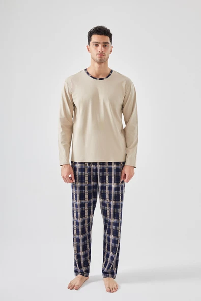 Erkek Pamuklu Uzun Kollu Ekose Desenli Cepli Pijama Takımı - Resim 2