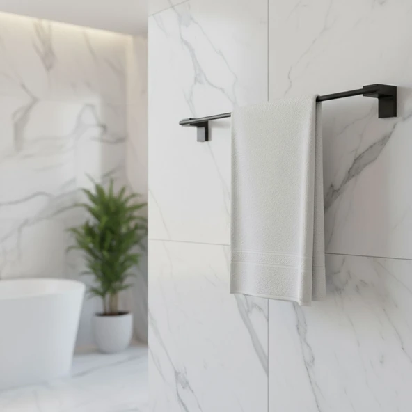 Siyah Metal Uzun Havluluk 49 cm  Duvara Monte Vidalı Lüks Banyo Asma Askı Çubuk Tasarım - Resim 5