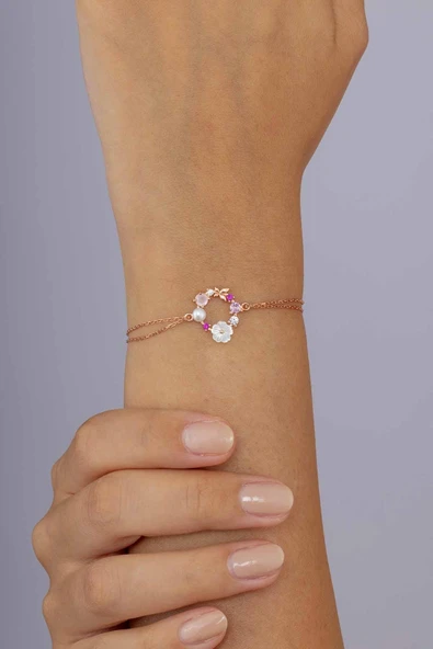 Gümüş Pazarım İnci Taneli Manolya Çiçeği Kadın Gümüş Bileklik - Resim 2