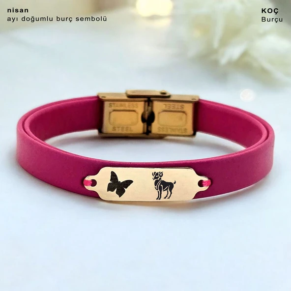 14 Ayar Altın Plakalı Burca Özel Kelebek Motifli Doğal Pembe Derili Hediye Bileklik-651 ürün görseli