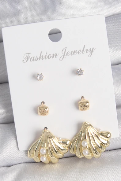 pilelistore Pirinç Gold Renk Zirkon Taşlı İnci Detaylı Deniz Kabuğu Model 3 Çift Kadın Küpe Seti - TJ-BKP10617 ürün görseli 1