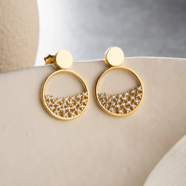 Minimal Tasarımlı Altın Kaplama 925 Ayar Gümüş Halka Küpe - Resim 3