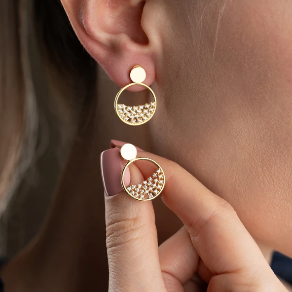 Minimal Tasarımlı Altın Kaplama 925 Ayar Gümüş Halka Küpe - Resim 4