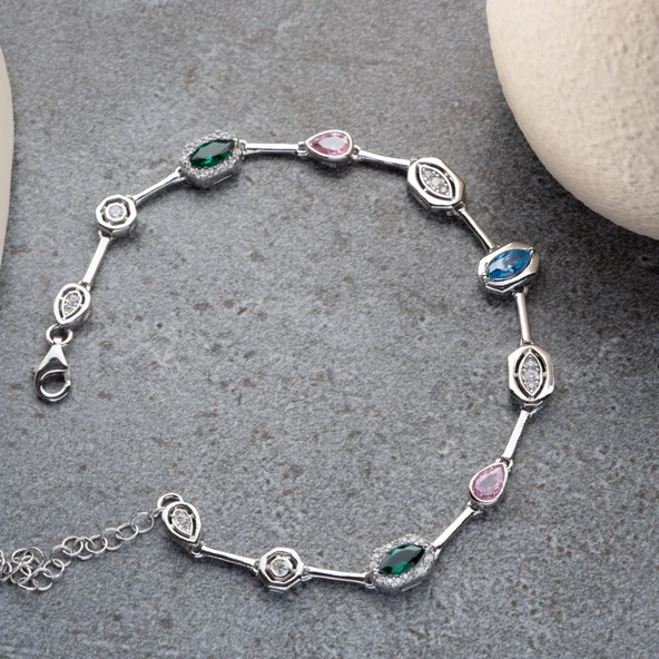 Kadın 925 Ayar Gümüş Renkli Taşlı Trend Zarif Bileklik - Resim 2