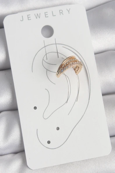 pilelistore Pirinç Gold Renk Zirkon Taşlı 3'Lü Sıralı Model Kadın Kıkırdak Küpe - TJ-BKP10581 - Resim 2