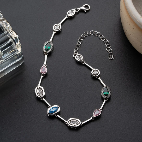 Kadın 925 Ayar Gümüş Renkli Taşlı Trend Zarif Bileklik - Resim 6