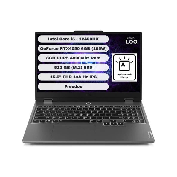 Loq 83GS007WTR Intel Core I5 12450HX 8gb 512GB SSD Rtx 4050 Freedos 15.6" Fhd Bilgisayar ürün görseli 1