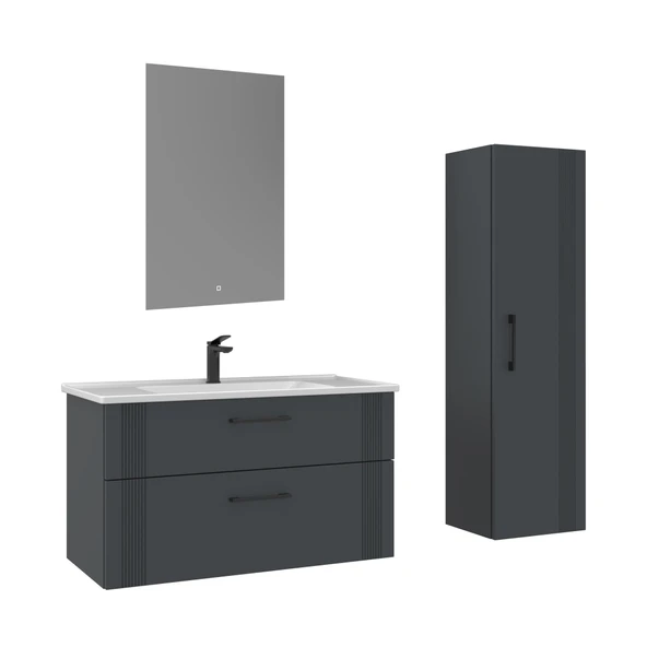 Orka Bari 100 cm Mat Antrasit LED'li Aynalı Banyo Dolabı Takımı ve Boy Dolabı ürün görseli