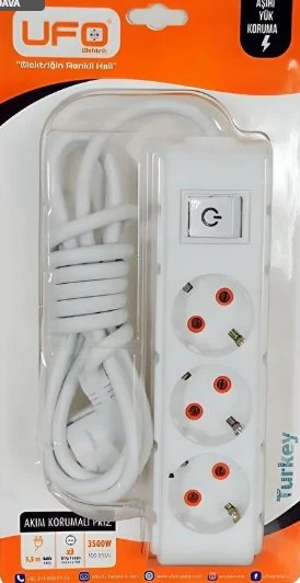 Tekno 3500w { Beyaz } Akım Korumalı Anahtarlı Kablolu (1.5 METRE) Üçlü Grup Priz Beyaz - 1