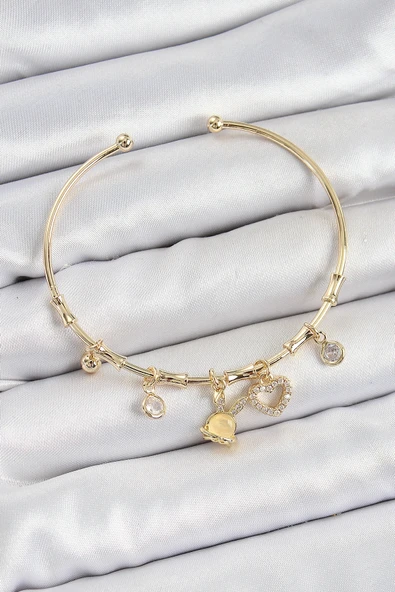 pilelistore Pirinç Zirkon Taşlı Tavşan Ve Kalp Model Gold Renk Charm Bileklik - TJ-BB7357