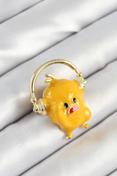 pilelistore 3D Kulaklıklı Sarı Civciv Figürlü Gold Renk Kadın Broş - TJ-BR446