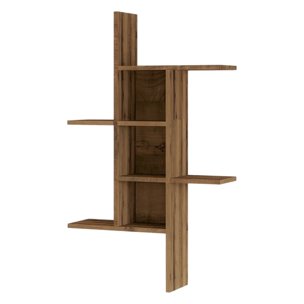 Madagaskar Duvar Rafı – Asimetrik Tasarım, Duvara Monte Dekoratif Kitaplık - Antik Ceviz - 4