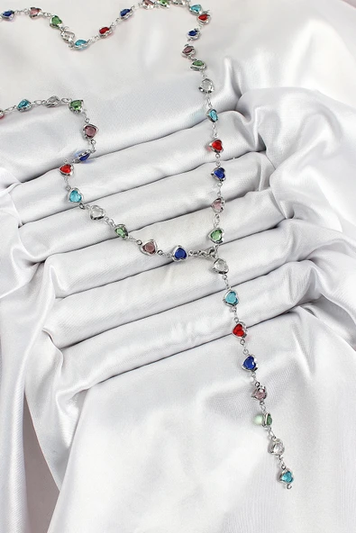 pilelistore Pirinç Gümüş Renk Karışık Renk Zirkon Taşlı Kalpli Y Kadın Kolye - TJ-BKO10302 ürün görseli 1