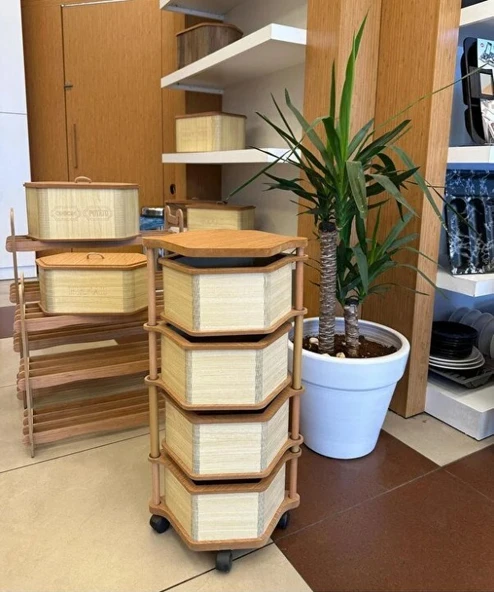 Ahşap Altıgen Sebzelik 4 Katlı Yana Açılır Patates Soğan Tekerlekli Sebzelik Krem ürün görseli