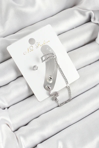 pilelistore Pirinç Yılan Figürlü Zirkon Taşlı Gümüş Renk 3'lü Kıkırdak Kadın Küpe Set - TJ-BKP10660