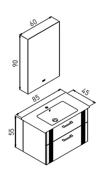 Orka Bari 85 cm Mat Lacivert LED'li Aynalı Banyo Dolabı Takımı - Resim 2