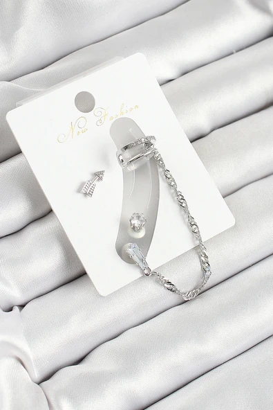 pilelistore Pirinç Ok Figürlü Zirkon Taşlı Gümüş Renk 3'lü Kıkırdak Kadın Küpe Set - TJ-BKP10663