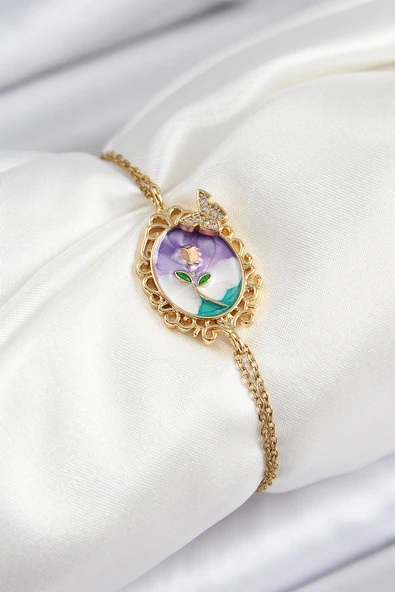 pilelistore 316L Çelik Zincir Mineli Sanatsal Portre Zirkon Taşlı Kelebek Detaylı Çiçek Model Gold Renk Kadın Bileklik -