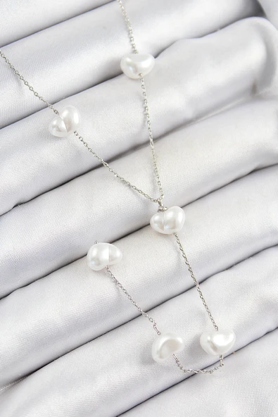 pilelistore 316L Çelik İncili Kalp Figürlü Y Model Gümüş Renk Kadın Kolye - TJ-BKO10336