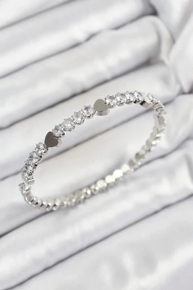 pilelistore Pirinç Zirkon Taşlı Kalp Model Gümüş Renk Yaylı Kadın Bileklik - TJ-BB7219