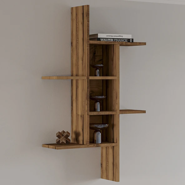 Madagaskar Duvar Rafı – Asimetrik Tasarım, Duvara Monte Dekoratif Kitaplık - Antik Ceviz