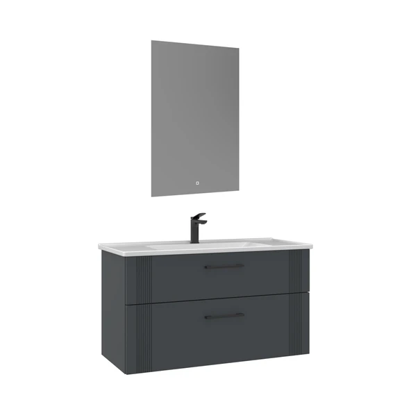 Orka Bari 100 cm Mat Antrasit LED'li Aynalı Banyo Dolabı Takımı ürün görseli