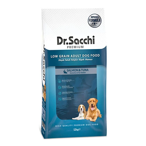 Dr.Sacchi Premium Somonlu ve Ton Balıklı Düşük Tahıllı Yetişkin Köpek Maması 12 Kg ürün görseli