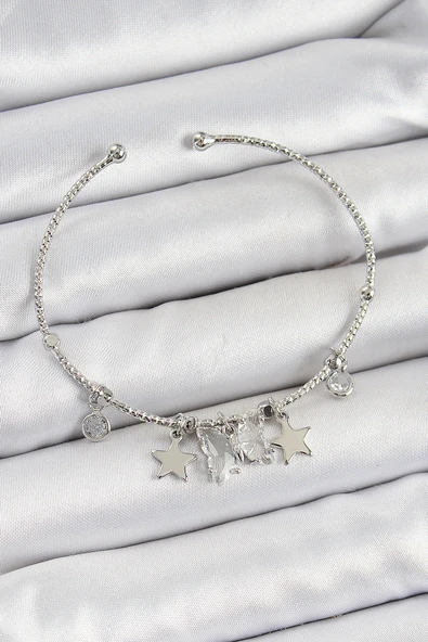pilelistore Pirinç Zirkon Taşlı Kelebek Ve Yıldız Model Gümüş Renk Charm Bileklik - TJ-BB7345 ürün görseli