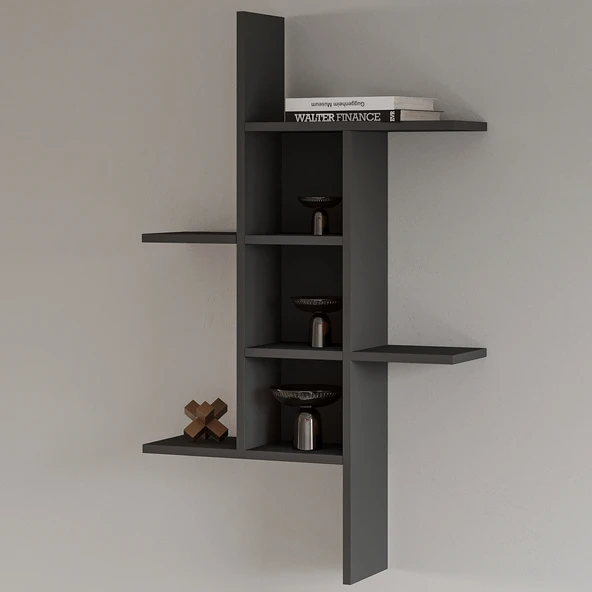 Madagaskar Duvar Rafı – Asimetrik Tasarım, Duvara Monte Dekoratif Kitaplık - Antrasit - 3