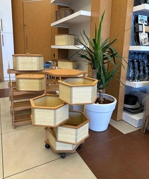 Ahşap Altıgen Sebzelik 4 Katlı Yana Açılır Patates Soğan Tekerlekli Sebzelik Krem - Resim 2