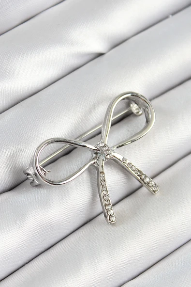 pilelistore Zirkon Taş Detaylı Fiyonk Figürlü Gümüş Renk Kadın Broş - TJ-BR453