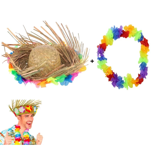 pilelistore Hawaii Tarzı Tropikal Çiçekli Hasır Şapka ve Çiçekli Hawaii Kolye ürün görseli