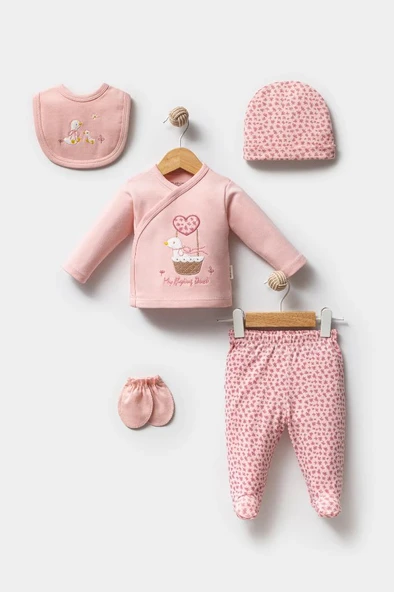 Bebitof %100 Pamuk Sevimli Ördek Desenli 5 Parça Yenidoğan Hastane Çıkışı Zıbın Seti BBTF.PMB.20219