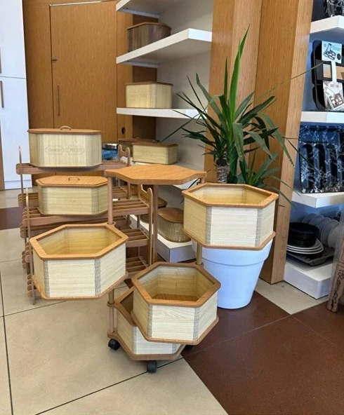 Ahşap Altıgen Sebzelik 4 Katlı Yana Açılır Patates Soğan Tekerlekli Sebzelik Krem - Resim 3