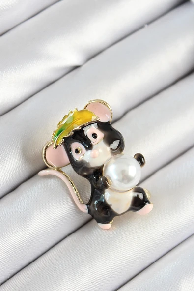 pilelistore İnci Detaylı Siyah Ve Pembe 3D Sevimli Fare Figürlü Gold Renk Kadın Broş - TJ-BR437