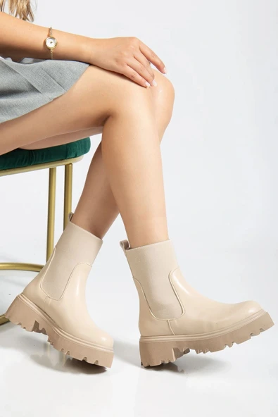 K-815 Bej Lastikli Yüksek Tabanlı Günlük Kadın Bot ürün görseli