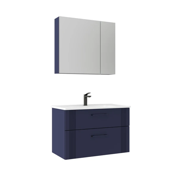 Orka Bari 85 cm Mat Lacivert Banyo Dolabı Takımı ve Boy Dolabı - Resim 2