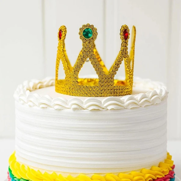 pilelistore Altın Işıltılı Pasta Tacı Pasta Üstü Taç Plastik Malzeme 8x8 cm