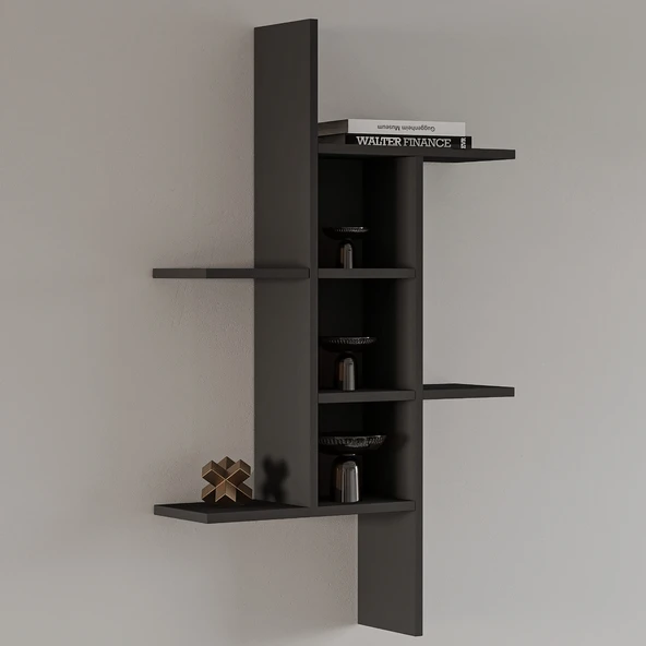 Madagaskar Duvar Rafı – Asimetrik Tasarım, Duvara Monte Dekoratif Kitaplık - Antrasit