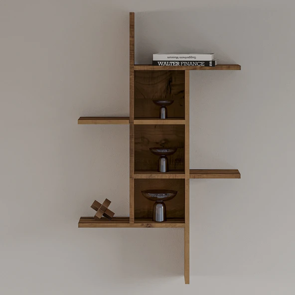 Madagaskar Duvar Rafı – Asimetrik Tasarım, Duvara Monte Dekoratif Kitaplık - Antik Ceviz - 2