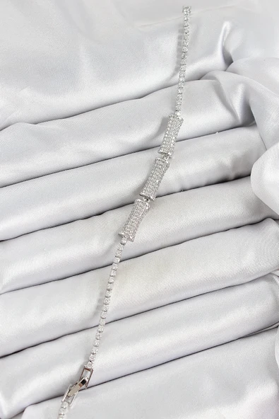 pilelistore Pirinç Gümüş Renk Zirkon Taşlı Kemik Model Kadın Bileklik - TJ-BB7071 - Resim 2