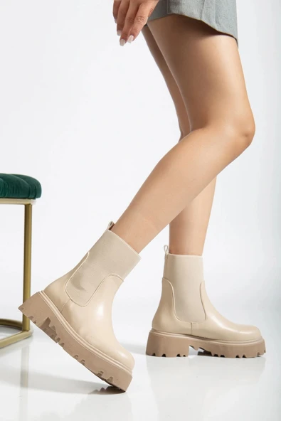 K-815 Bej Lastikli Yüksek Tabanlı Günlük Kadın Bot - Resim 3