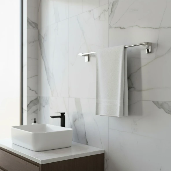 Krom Gümüş Metal Uzun Havluluk 49 cm Duvara Monte Vidalı Lüks Banyo Asma Askı Çubuk Tasarım - Resim 5